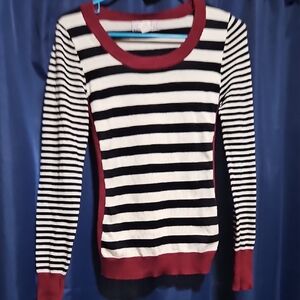 Striped Black and White Sweater with Red Accents